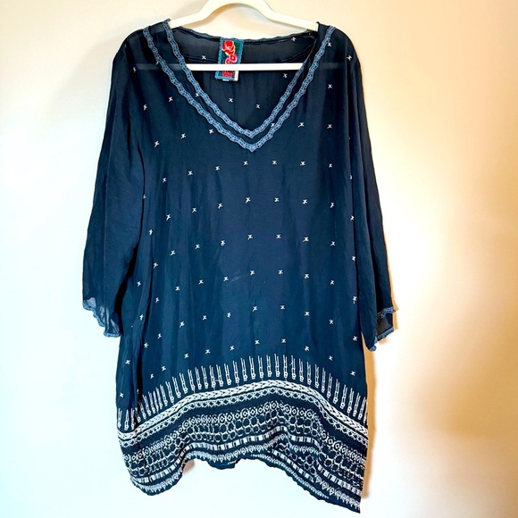 Johnny Was Tops - Johnny Was • Boho Embroidered Navy Blue Semi Sheer Tunic Lightweight Sz LG